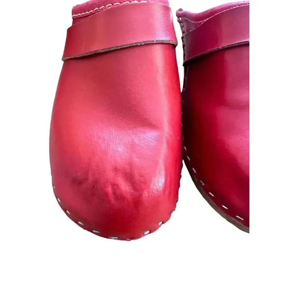 Bjork Red Swedish Wooden Block Sole Leather Slip-On Clogs Size 36 - Picture 7 of 10
